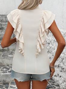SHEIN LUNE Women's Solid Color Single Breasted Shirt With Ruffle Hem - Apricot - View 5