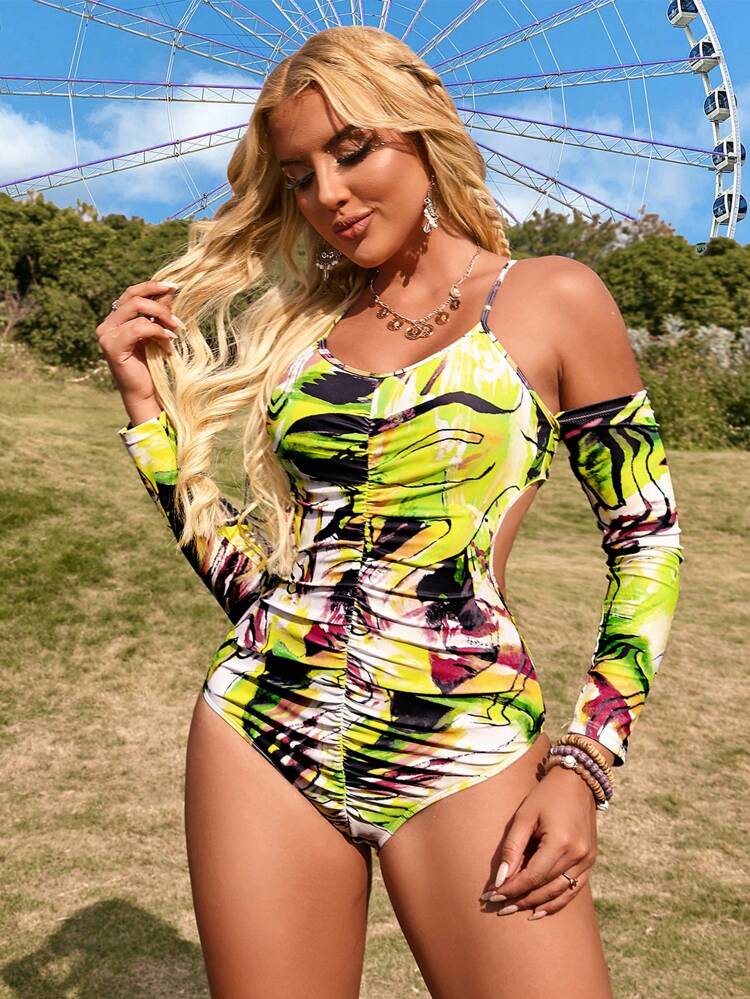 Open Shoulder Ruffle Hollow Out One Piece Swimsuit Summer