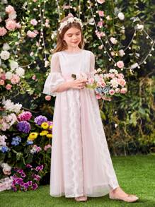 SHEIN Summer Elegant And Stylish Lace Patchwork Dress With 3d Flower Decoration For Tween Girls - White - View 5