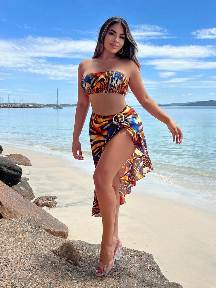 Leopard Print Animal Print Flounce Summer Vacation Two Pieces Outfits