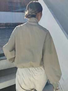 DAZY 純色寬鬆長袖拉鍊口袋束口下擺夾克 - 綠色 - 查看 5