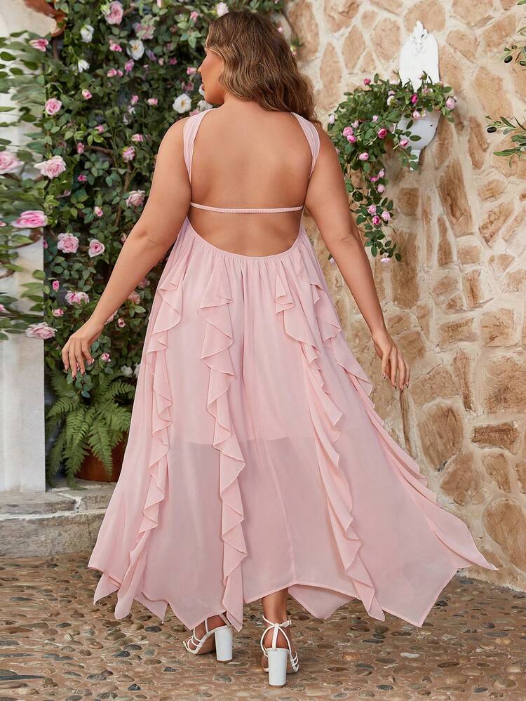 Plus Size Halter Neck Tie Waist Flowy Dress For Vacation
