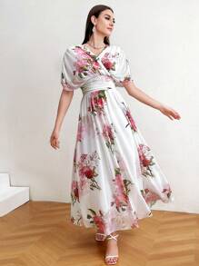 Modelyn Women's Floral Print Batwing Sleeve Dress With Waist Pleats Long Evening Dresses