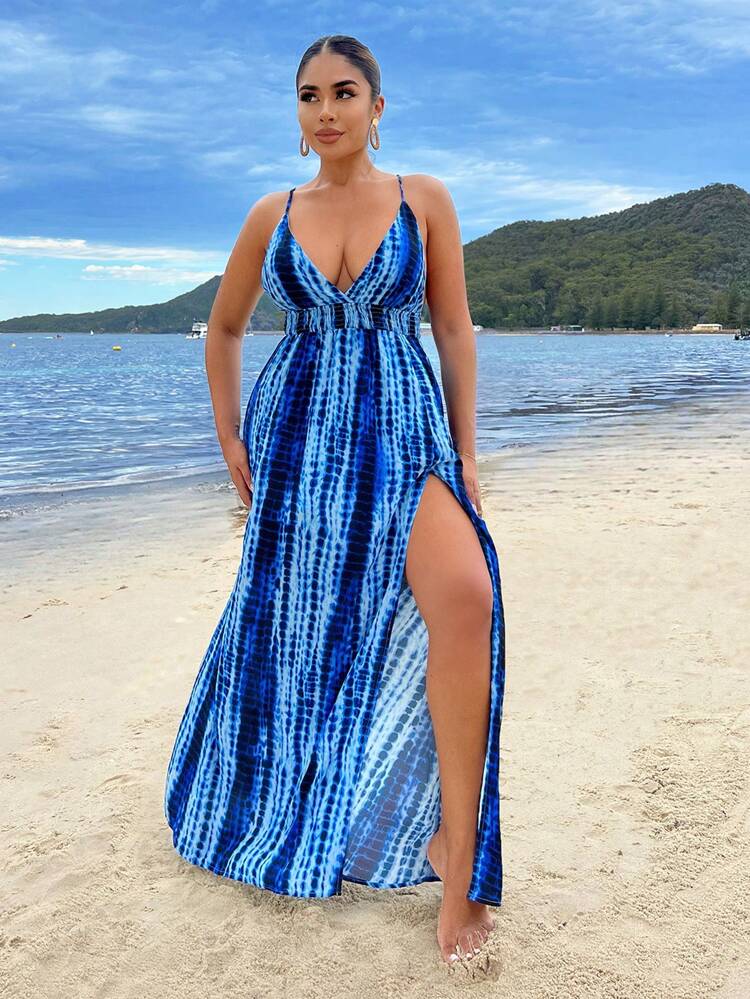 Summer Vacation Beach Tie-Dye Blue Dress Beach Vacation Women Clothes