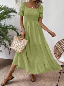 SHEIN Clasi Textured Wrap Dress With Ruffled Hemline Maxi Women Outfit - Green - View 3