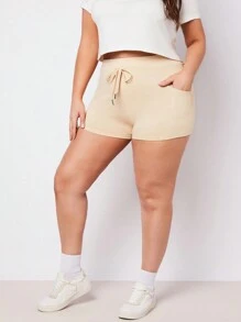 SHEIN BASICS Plus Size Women's Knitted Casual Drawstring Waist Short Leggings - Multicolor - View 4
