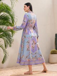 Modelyn Robe longue à manches lanternes pour femmes avec col cranté et imprimé floral blocs de couleurs