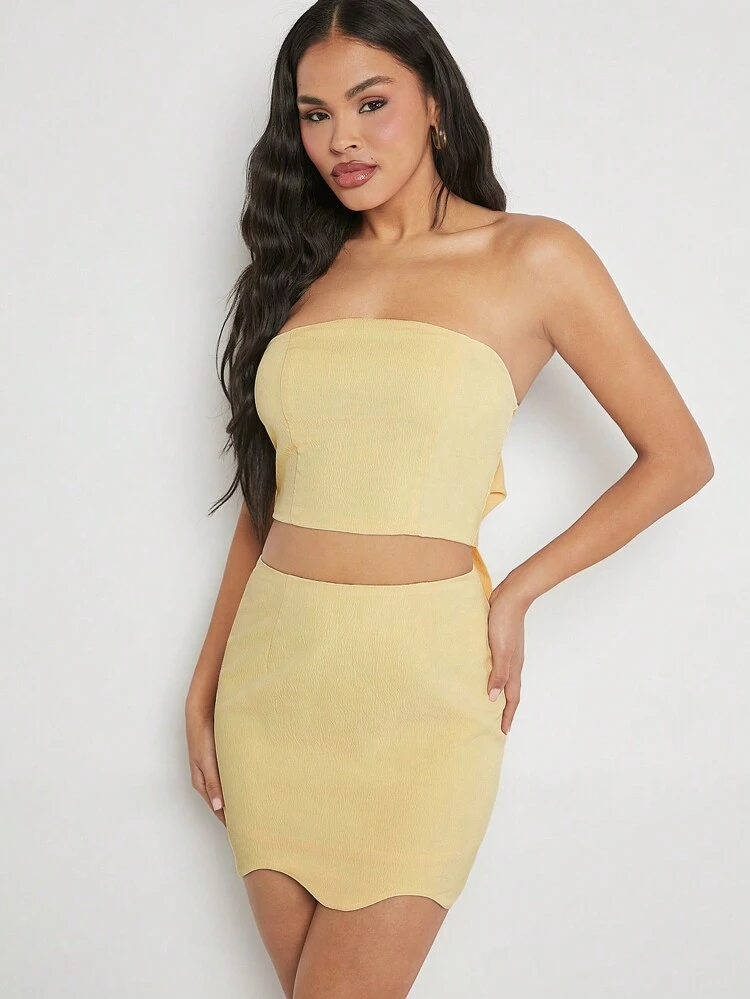 2 PC Buttery Yellow Self Tie Bow Tube Top & Wavy Hem Skirt Set
