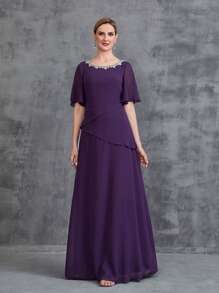 Women's Rhinestone Detail Short Flared Sleeve Sleeve Chiffon Party Dress - Purple - View 1