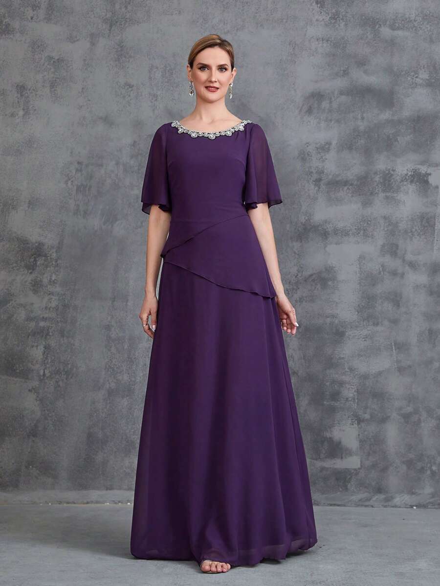 Women's Rhinestone Detail Short Flared Sleeve Sleeve Chiffon Party Dress - Purple - View 1