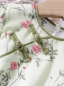 嬰兒女孩花卉印花旗袍連中式結鈕漢服裝 - 綠色 - 查看 4