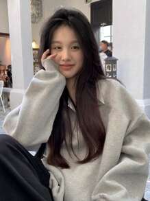 女士宽松版型保暖内衬纯色落肩翻领运动衫 - 淺灰色 - 查看 6