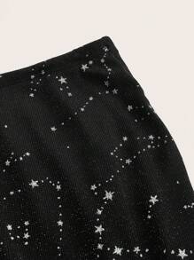 SHEIN EZwear 女士大码夏季音乐会服装，黑色紧身裙，配银色星空图案 - 黑與白 - 查看 5