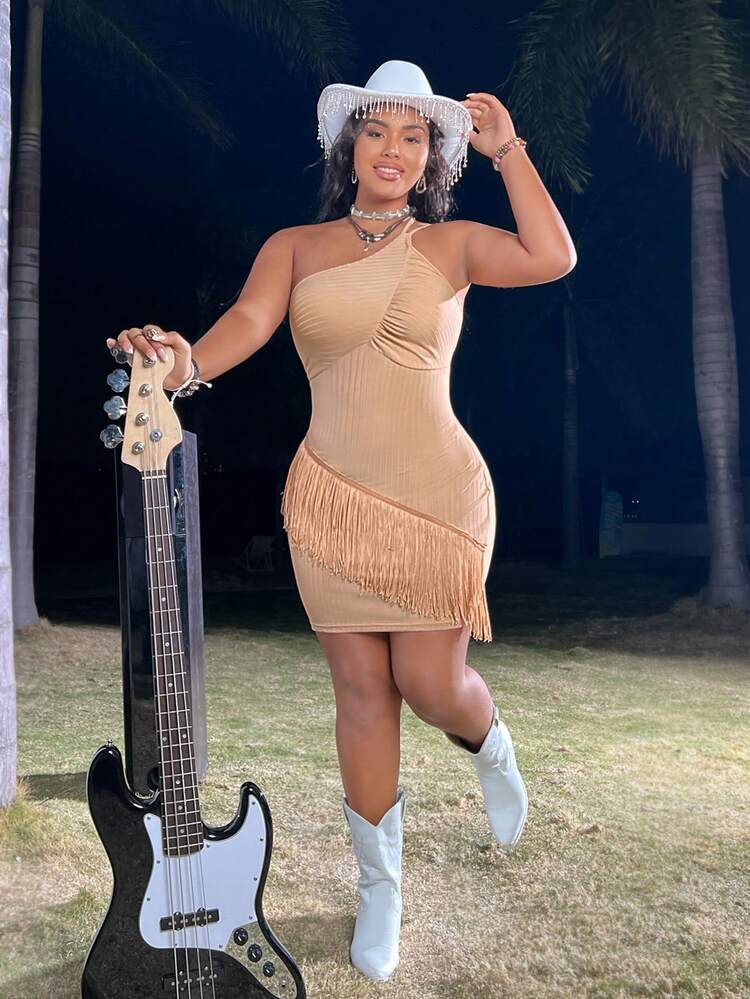 Plus Size Women's One Shoulder Sleeveless Fringed Patchwork Dress