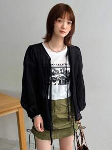 FRIFUL Solid Color Blouse With Diagonal Pocket And Lantern Sleeves Sheer Long Sleeve Top - Black - View 6