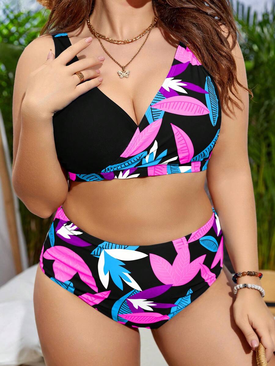 SHEIN Swim Curve Summer Beach Plus Size Plant Printed Cut-Out Asymmetrical Shoulder Strap Bra & Bikini Set Bottom Bikini Set - Coral Pink - View 1