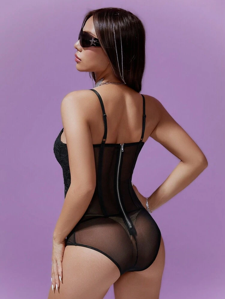 Women's Lace & Mesh Splice Spaghetti Bodysuit