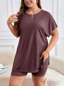 SHEIN Frenchy Plus Size Women's Solid Color Round-Neck Short Sleeve T-Shirt And Shorts Set - Coffee Brown - View 3