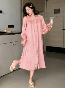 DAZY Nút-Mặt trước Xa ten ÁO choàng mặc nhà Với Viền Ruffle Và Ruy băng Chi tiết Đối với Nhà  Mặc - Bụi hồng - Xem 1