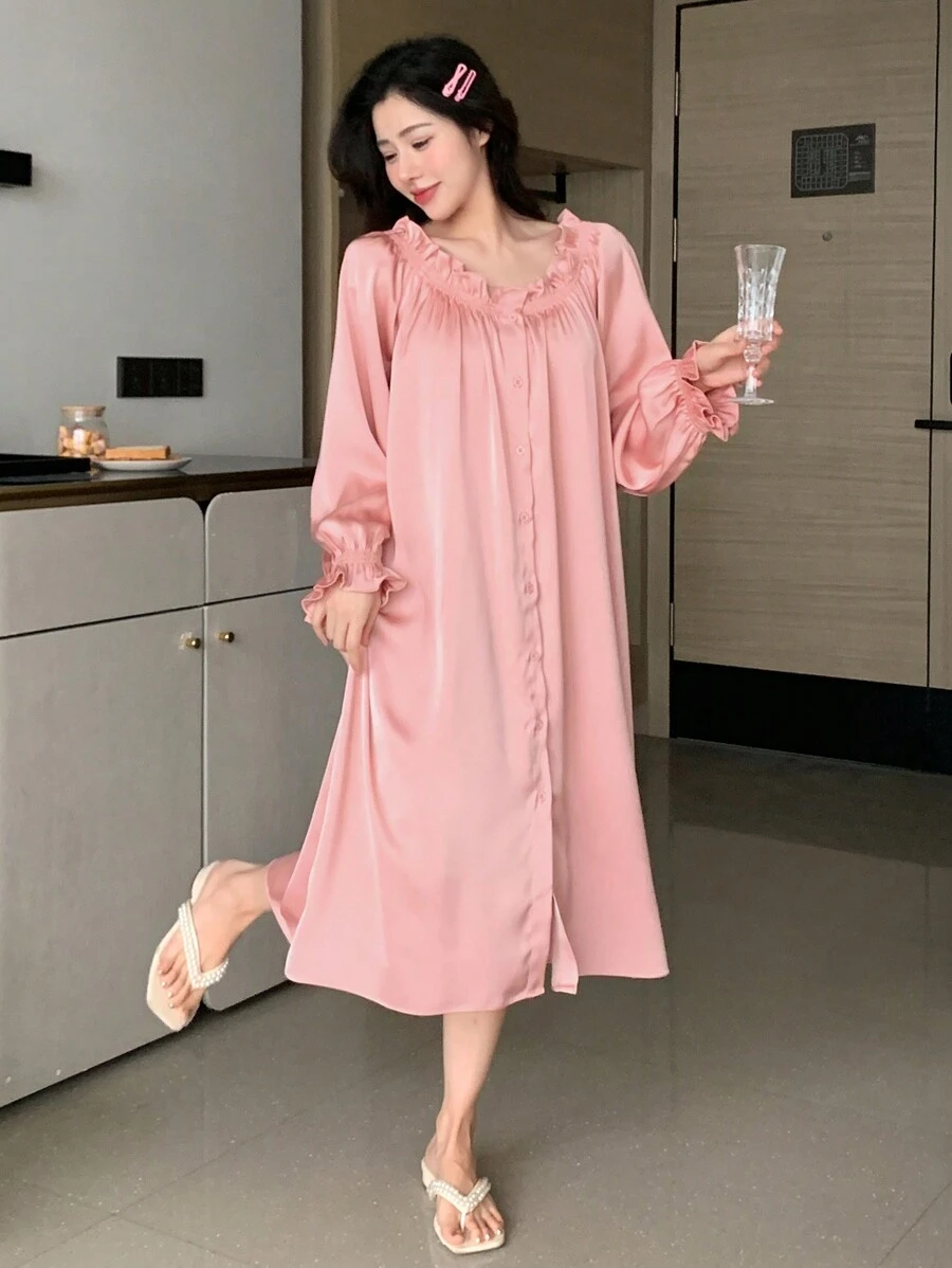 DAZY Nút-Mặt trước Xa ten ÁO choàng mặc nhà Với Viền Ruffle Và Ruy băng Chi tiết Đối với Nhà Mặc - Bụi hồng - Xem 1