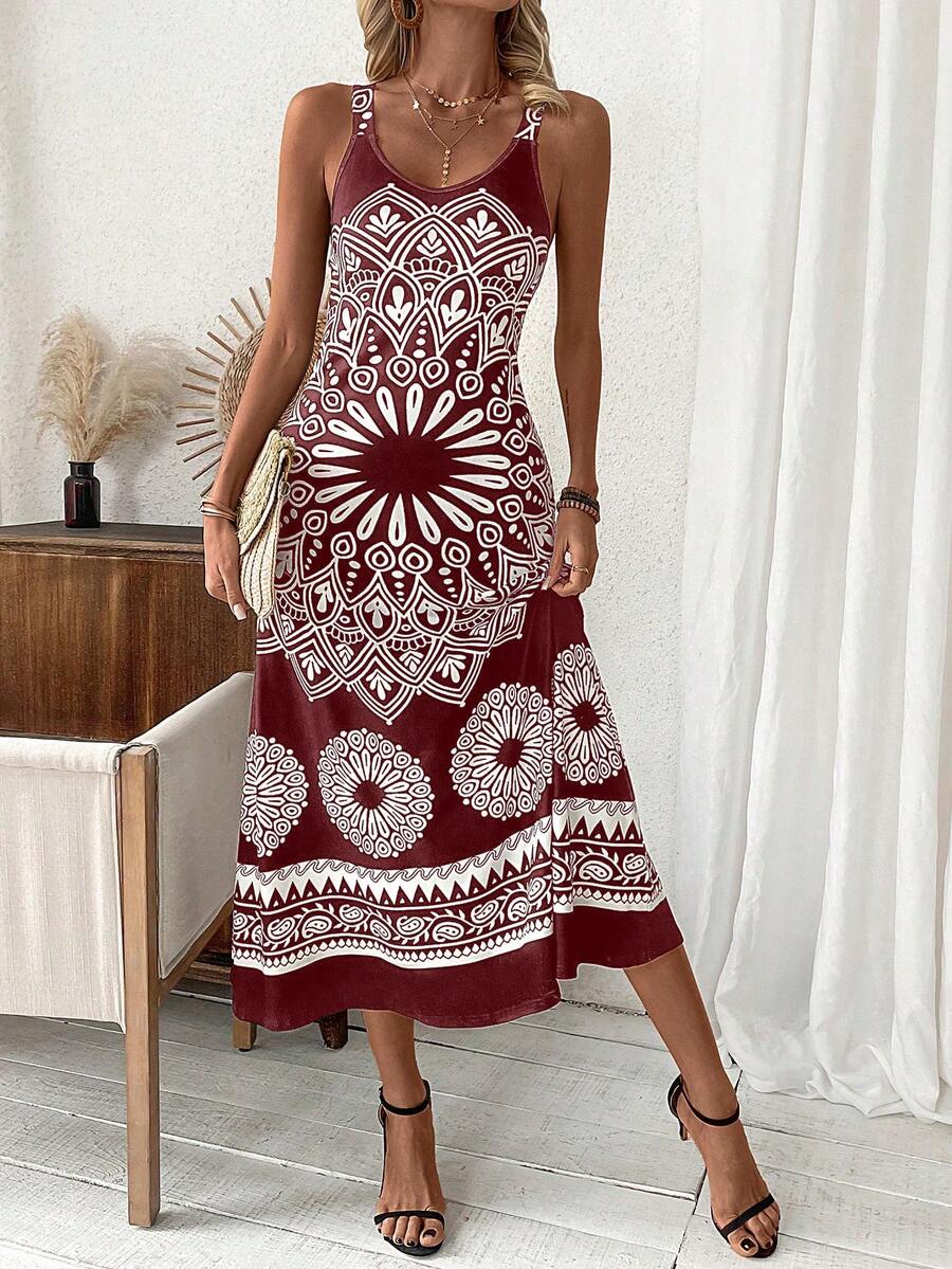 Women's Plant Printed Spaghetti Strap Dress - Brown - View 1
