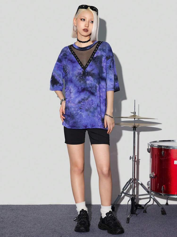 Mesh Splicing Tie-Dye T-Shirt & Leggings
