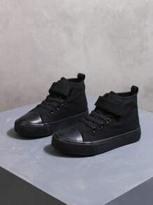 純色中幫舒適兒童帆布鞋平底透氣休閒運動鞋兒童學生 - 黑色 - 查看 1