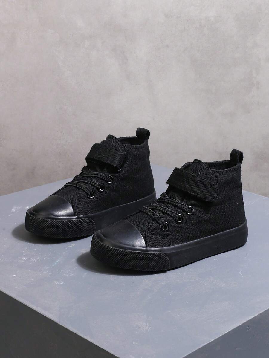 純色中幫舒適兒童帆布鞋平底透氣休閒運動鞋兒童學生 - 黑色 - 查看 1