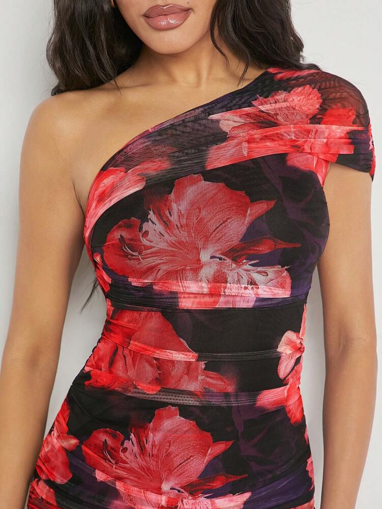 Floral One Shoulder Foldover Dress