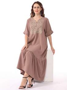 斋月刺绣 V 领宽松拼接褶皱中东女士优雅连衣裙 Jalabia，春夏传统 - 藕粉色 - 查看 8
