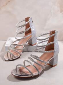 SHUZIA Women's Multi-Strap Rhinestone Embellished Open Toe Block Heel Silver Dress Sandals – Glamorous, Comfortable & Party-Ready Essential Summer Shoes Spring Shoes Spring Break Easter Prom Heels Wedding Shoes Valentine's Day Summer Shoes - Silver - View 2