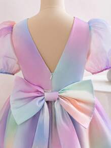 SHEIN Vestido De Princesa De Fantasía Para Chicas Adolescentes Con Mangas Abullonadas Decoradas Con Lazos, Estampado Degradado Y Detalles De Malla En La Espalda En Forma De V - Multicolor - Ver 7