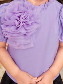 SHEIN 少女可愛舒適的3D花朵泡泡袖襯衫，配有小立領 - 紫色 - 查看 6