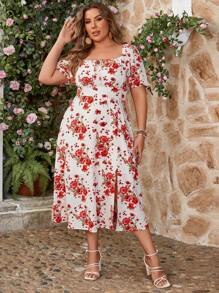 SHEIN VCAY Plus Size Women's Floral Print Dress With Sweetheart Neck And Slit - Multicolor - View 4