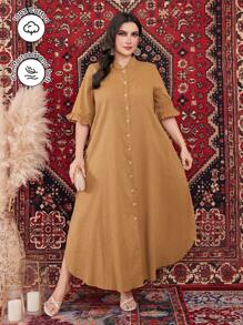 Seusyu Plus Size Stand Collar Bell Sleeve Shirt Dress - Brown - View 1