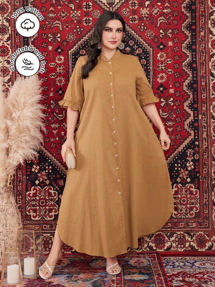 Plus Size Stand Collar Bell Sleeve Shirt Dress