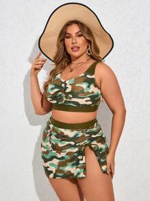 SHEIN Swim Curve Plus Size Camouflage Printed Bikini Set Summer Beach