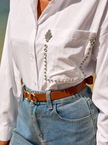 RueChic Collor And Pocket Stone Detailed White Blouse - White - View 2