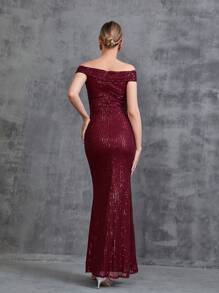 Của phụ nữ Off Shoulder Surplice cổ Kim sa Đầm Party - Màu Đỏ Sâu - Xem 2