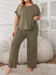 大尺碼純色紋理舒適睡衣套裝 - 軍綠色 - 查看 5