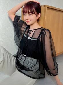 FRIFUL Women's Sheer Mesh Cami Top With Strap - Black - View 5