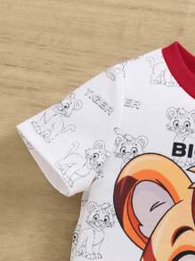 SHEIN Cartoon Tiger & Letter Graphic Short Sleeve Colorblocked T-Shirt And Long Pants Set For Baby Boy - Red - View 4