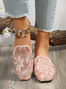 Fall/Winter Women's Flat Slippers Outside Square Toe Slip-Ons Summer Half Slippers New Embroidered Low-Heel Slides,Mule - Pink - View 2