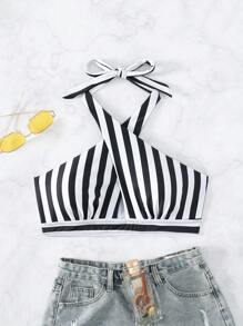 SHEIN Swim Áo bikini sọc ngang có dây buộc ngang đi biển mùa hè - Đen và trắng - Xem 4