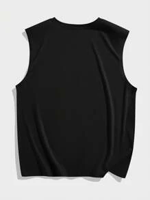 ROMWE MEN Street Life Men's Casual Tank Top With Slogan Print, School - Black - View 2