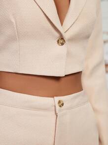 GENKIRA Solid Color Suit Jacket With Lapel Collar And Split Hem Skirt Set - Apricot - View 7