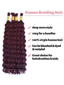 99J Burgundy Crochet Human Hair For Boho Braids 100g/Pc Red Deep Wave Bulk Human Hair For Knotless Braids 12A 100% Unprocessed Brazilian Virgin Hair Extensions Bulk Bohemian 18-22 Inch Halloween Costumes