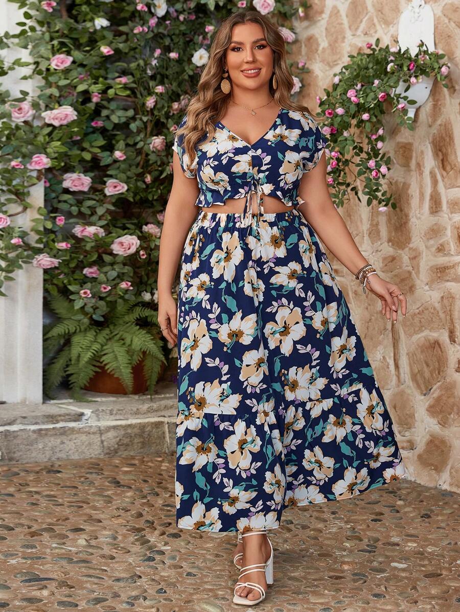 SHEIN VCAY Kích thước lớn In hoa Kỳ nghỉ Áo sơ mi Và Bộ váy - Nhiều màu - Xem 1