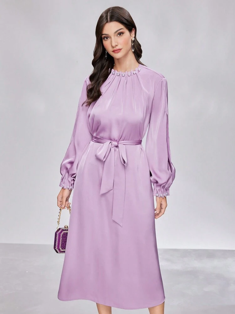 Women's Contrast Mesh Lantern Sleeve Fold Pleated Belted Dress Long Evening Dresses