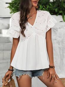 SHEIN Frenchy Áo cánh chiffon hở tay cổ chữ V xếp nếp cho nữ - trắng - Xem 4